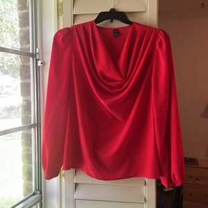 4/$25 SALE LARGE Women’s Tomato Red Drape Neck Long Sleeve Blouse